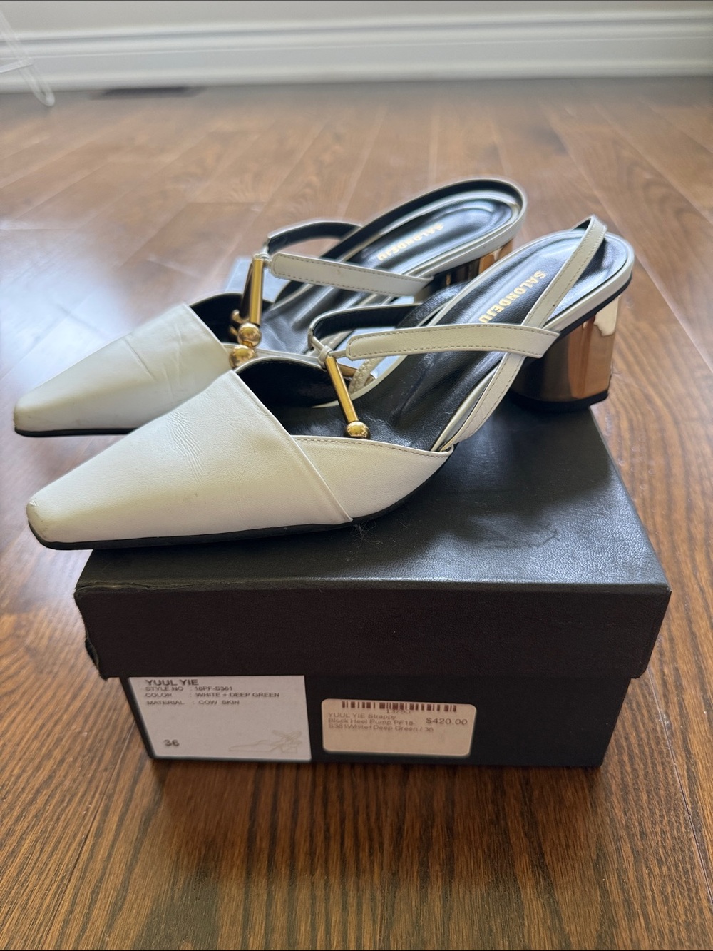 Salondeju White Pointed Slingback Heels with Gold Accent
